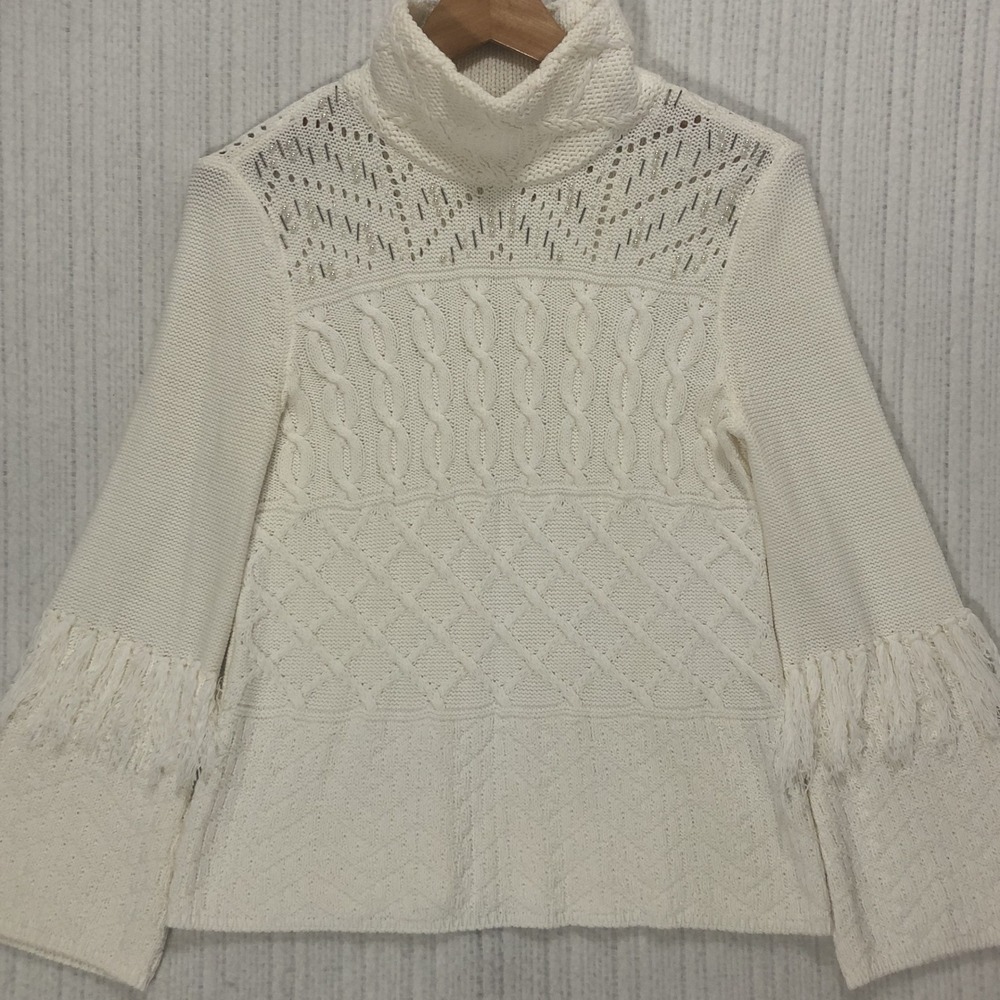 White House Black Market XS White Beaded Fringe Bell Sleeve Turtleneck Sweater